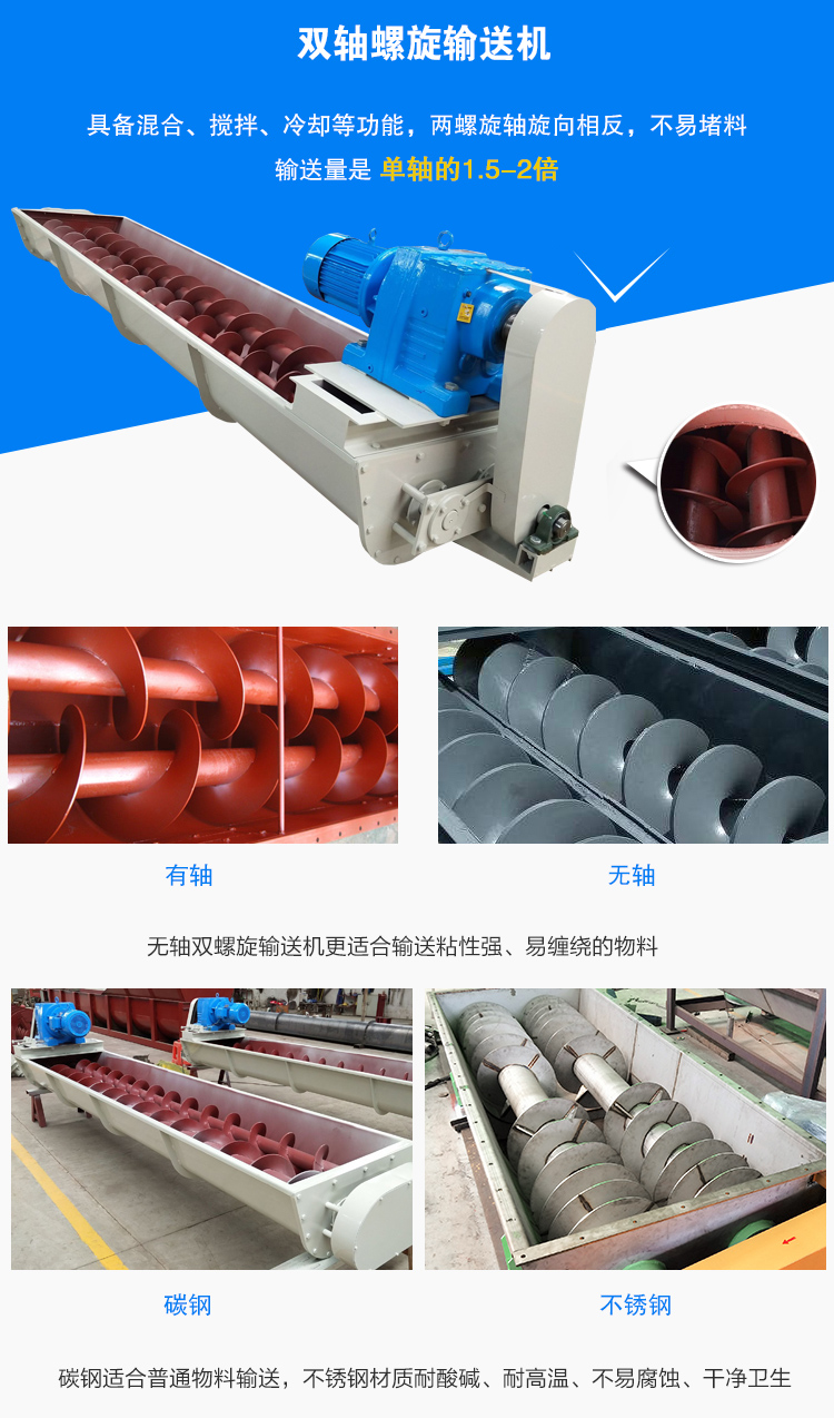 双轴螺旋输送机进行双轴设计，具备混合搅拌作用