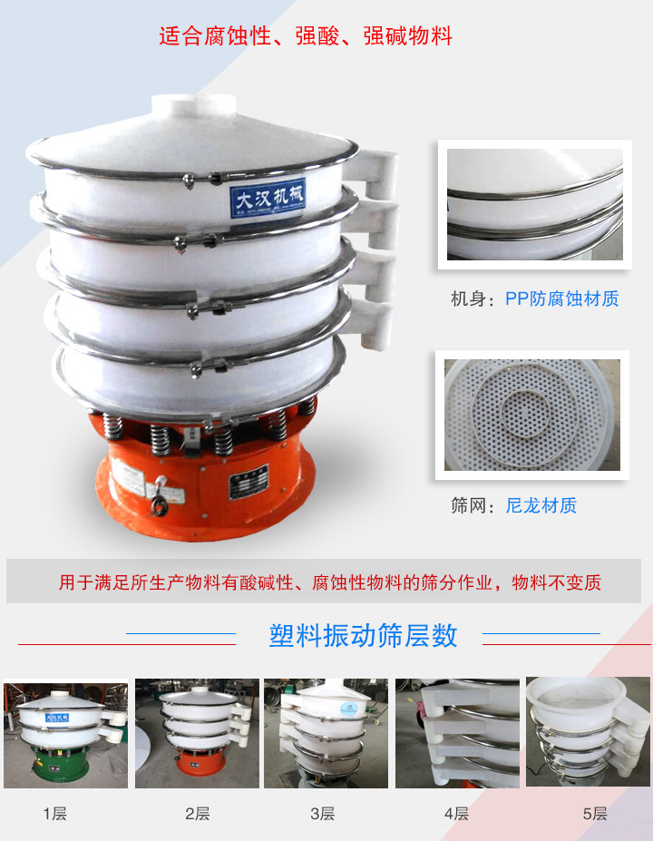 大汉塑料振动筛筛网高达5层使用，可筛选出2-6种不同粒度规格的物料，筛分细可达500目（28微米），过滤细可达5微米。